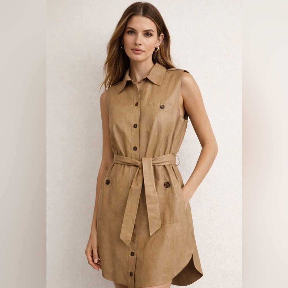 Illia 100% Leather Button Down Tie Waist Mini Dress